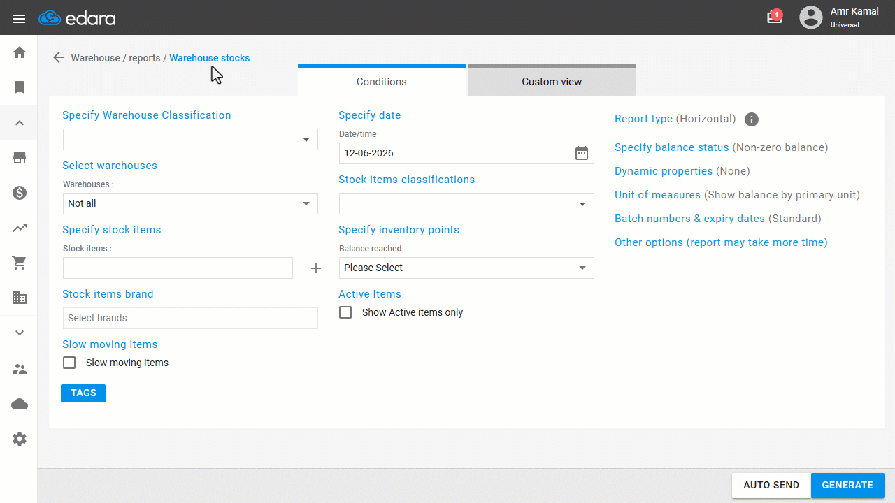 Displaying Stock Items at the Global Reordering Point — Click on "Generate".