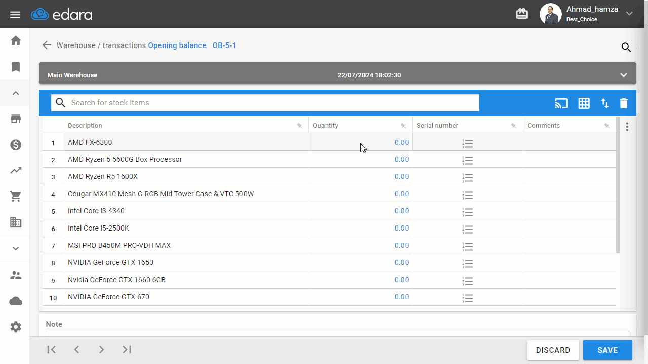 Steps to Enter Opening Balances — Click "Save" after completing the item entries.