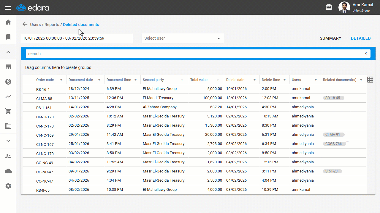 Displaying Deleted Documents Details — The details of the deleted document will be displayed based on its type (e.g., Sales…