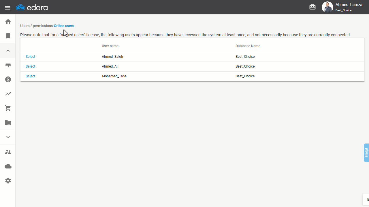 Viewing Online Users on Edara — From this page, you can see all users currently online.