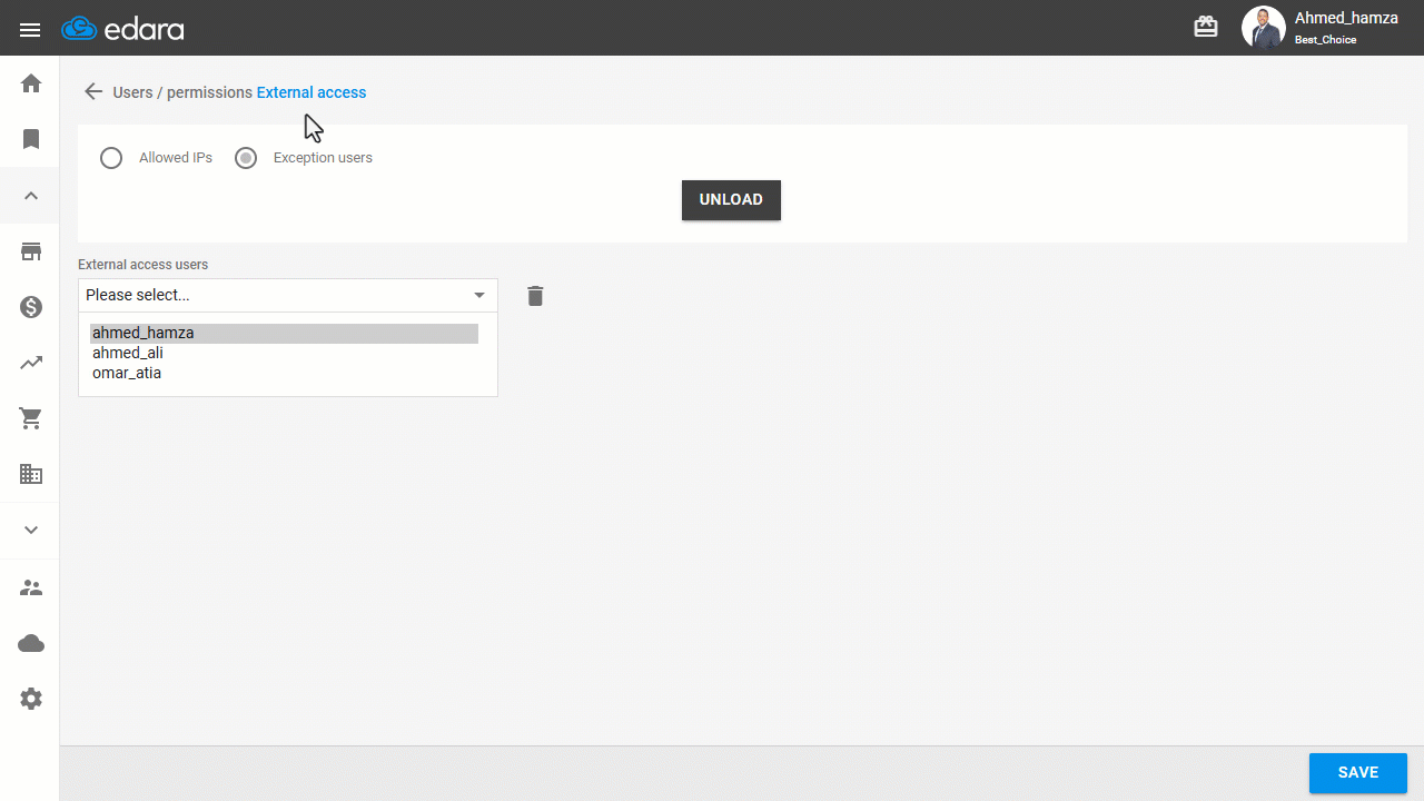 Granting a User Permission to Access Edara — Click on “Save”.