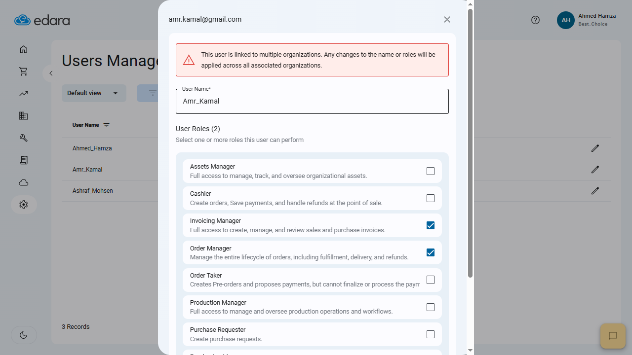 Controlling User Roles via Edara 3.0 — Click on "Save".